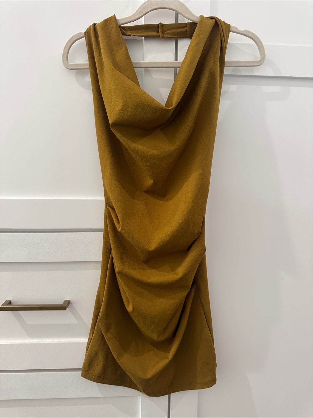 Zara One-Shoulder Draped Cowl Dress in Mustard Brown